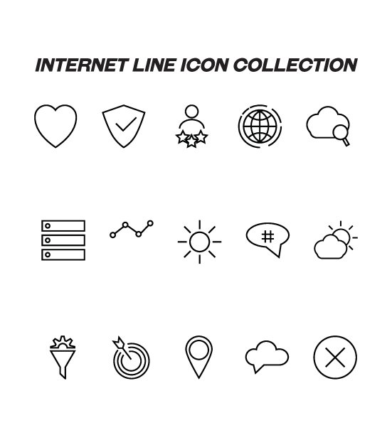 高质量的可编辑笔画的移动应用程序，网页设计，网站，网上商店等。互联网线图标集与标志的心，盾牌，太阳，进度条，目标，地理位置标志，数据中心图片下载