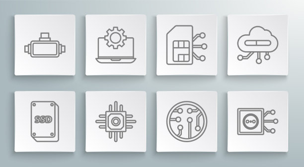 设置行SSD卡笔记本电脑和齿轮处理器图片下载