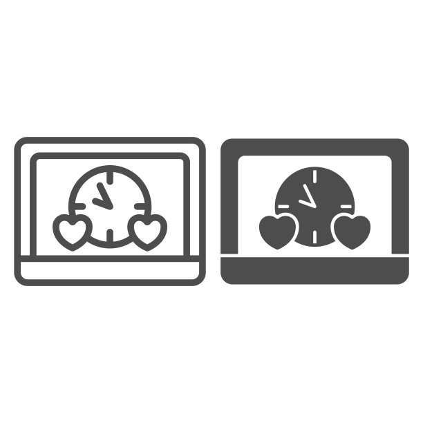 笔记本电脑，心，时钟，约会网站，聊天在线和固体图标，速度约会概念，日期矢量标志在白色背景上，轮廓风格图标为移动概念和网页设计。矢量图形。图片下载