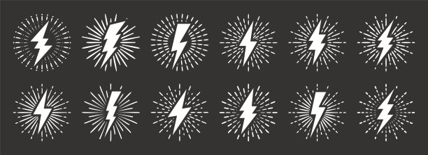 一套古老的闪电和阳光。具有日暴效果的闪电。晴天霹雳，触电信号。矢量图图片下载