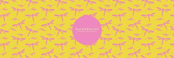 日本重复自然图案纹理背景与蜻蜓。无缝抽象手绘背景在亚洲东方风格。图片下载