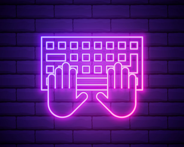 打字，手臂，键盘粉色霓虹矢量图标。彩色霓虹灯矢量图标。砖墙的背景图片下载