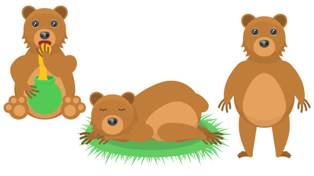 集抽象收集平面卡通
不同的动物熊站立，睡觉，吃蜂蜜矢量设计风格元素动物野生动物图片下载