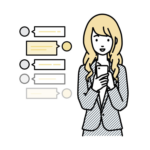 一名身穿西装的女性站在一边看着手里的智能手机，享受着通过社交网络聊天的乐趣图片下载