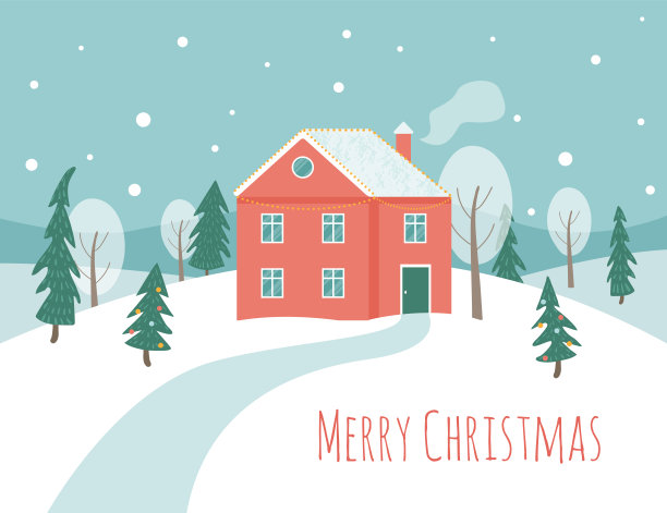 冬天的场景有红房子，树和圣诞树。雪山上的红色小屋。圣诞快乐。图片下载