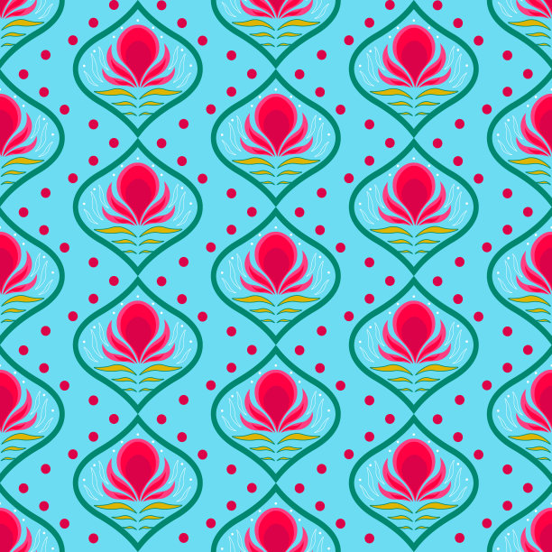 蓝色背景上风格化的花朵。无缝模式。大胆的复古印花灵感来自70年代。图片下载