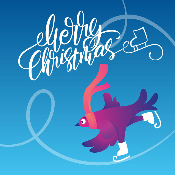 明亮的正方形圣诞旗帜上有有趣的鸽子。圣诞快乐。有趣的鸽子穿着溜冰鞋。鸽子在溜冰场上滑冰。假日矢量插图。图片下载