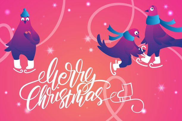 明亮的圣诞网横幅与有趣的鸽子。圣诞快乐。有趣的鸽子穿着溜冰鞋。鸽子在溜冰场上滑冰。假日矢量插图。图片下载