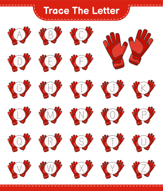 跟踪信。用守门员手套追踪字母字母表。教育儿童游戏，可打印的工作表，矢量插图图片下载