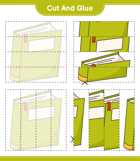 剪切和胶水，剪切部分的书和胶水。教育儿童游戏，可打印的工作表，矢量插图图片下载