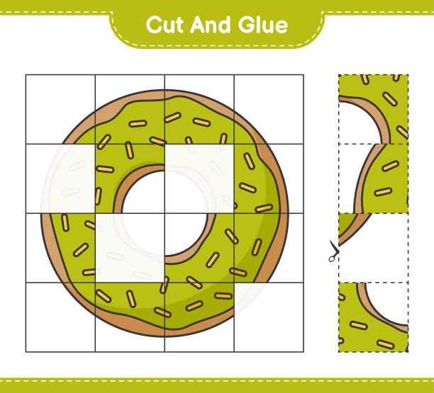把甜甜圈切成小块，然后粘在一起。教育儿童游戏，可打印的工作表，矢量插图图片下载