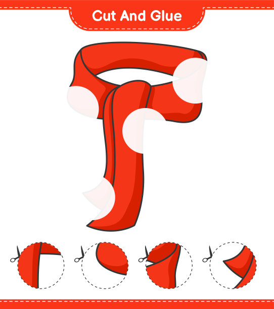 切割和胶水，切割部分围巾和胶水。教育儿童游戏，可打印的工作表，矢量插图图片下载