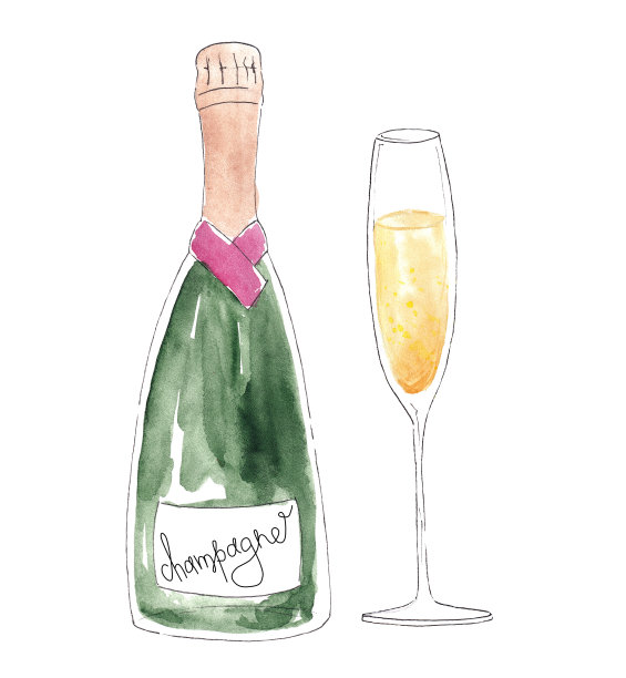 水彩香槟瓶和玻璃隔离在白色的背景明信片，标志，请柬，贺卡，名片图片下载