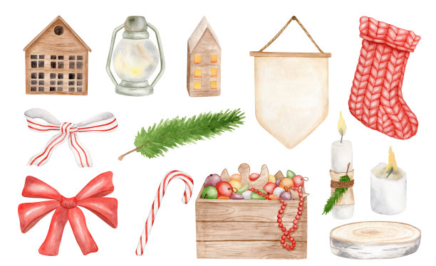水彩圣诞节装饰套。手绘冬季针织袜子，蜡烛，糖果手杖，核桃，弓，冷杉枝，礼盒，花环，灯笼孤立在白色背景上。老式圣诞节插图。图片下载