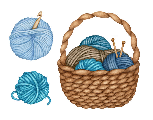 水彩编织和钩针工具在柳条篮子。木制编织针，羊毛球，绞纱，钩针。手绘剪贴艺术，元素隔离图片下载