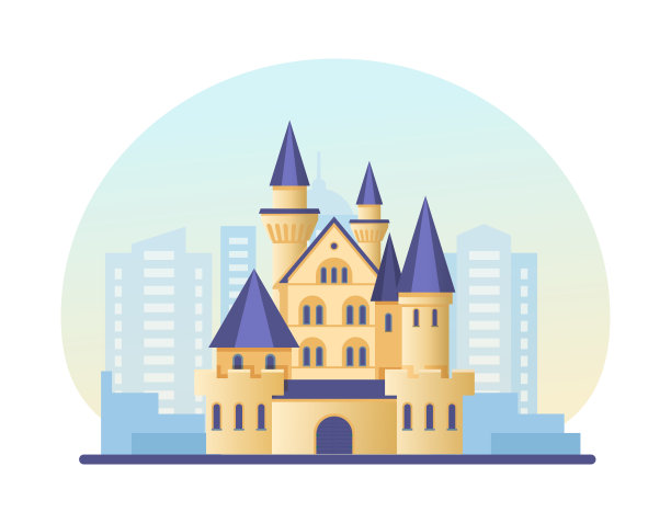 童话般的城堡在现代摩天大楼的城市景观。景观豪华别墅与塔城市建筑图片下载