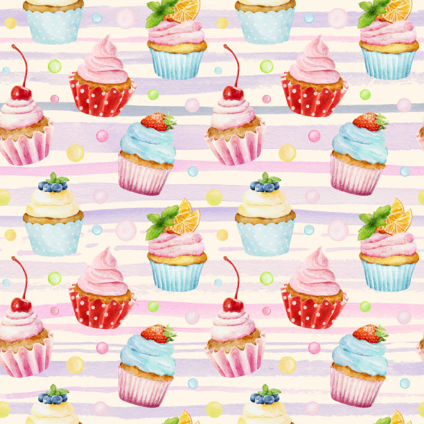 无缝模式与水彩纸杯蛋糕的条纹背景。图片下载