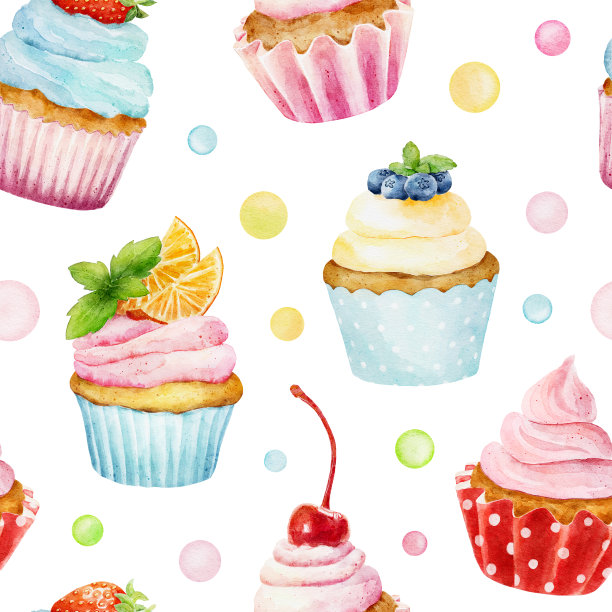 无缝模式与水彩纸杯蛋糕隔离在白色背景。图片下载