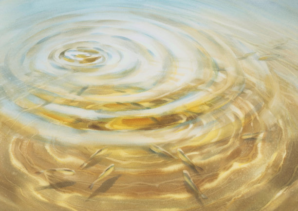 阳光荡漾的水面和鱼的水彩背景图片下载