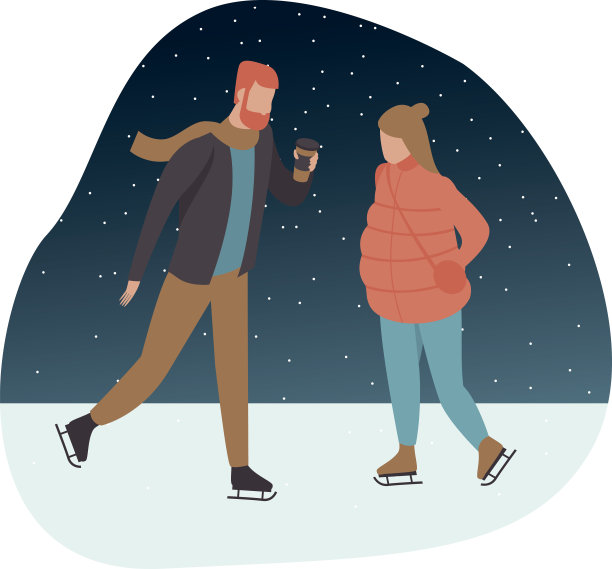 幸福的年轻夫妇在溜冰场上滑冰。图片下载