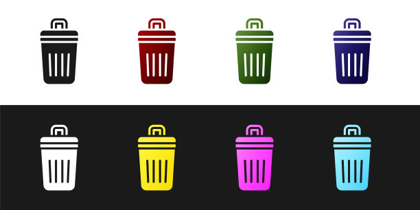 在黑白背景上设置垃圾桶图标隔离。垃圾桶的迹象。回收篮图标。办公室垃圾图标。向量图片下载