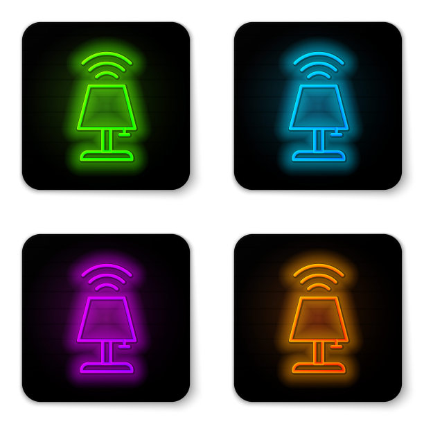 发光的霓虹灯线智能台灯系统图标隔离在白色背景。物联网概念与无线连接。黑色方形按钮。向量图片下载