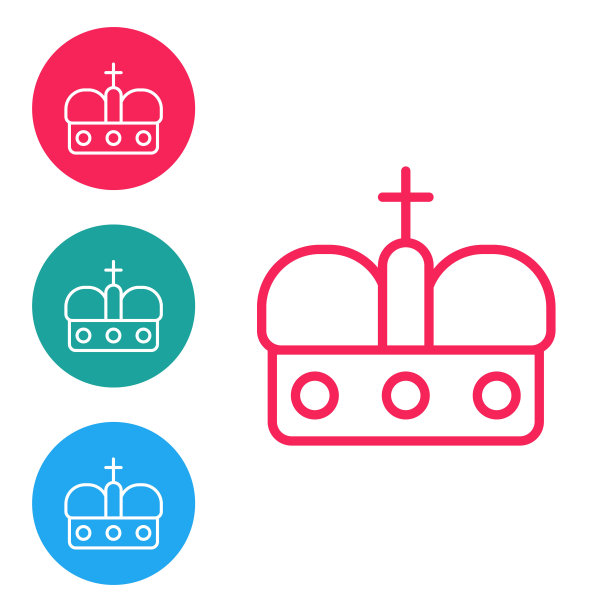 红色线皇冠的西班牙图标孤立在白色的背景。在圆形按钮中设置图标。向量图片下载