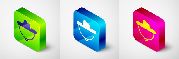 等距西部牛仔帽图标孤立在灰色背景。方形按钮。向量图片下载