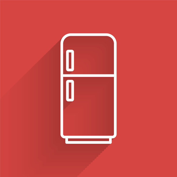 白线冰箱图标与长阴影隔离。冰箱冷冻冰箱。家用科技和电器。向量图片下载