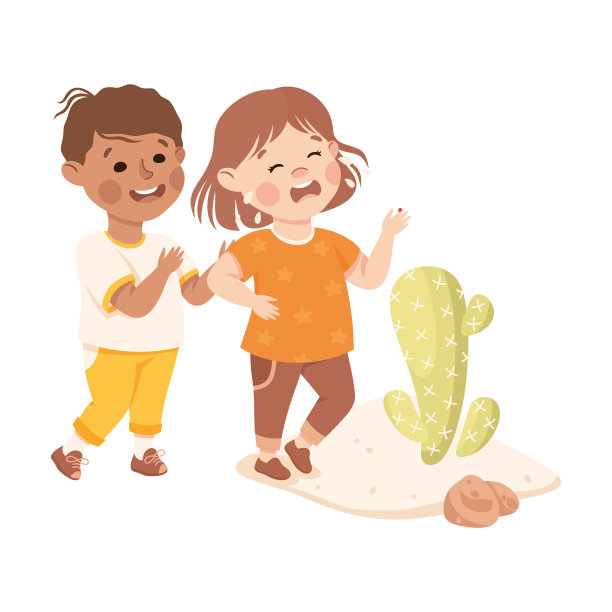 小男孩支持和安慰哭泣的女孩与刺手指矢量插图图片下载