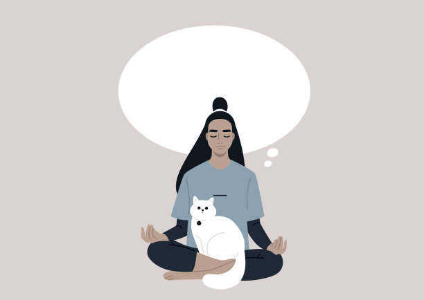 一个年轻的亚洲女性角色在冥想，膝盖上有一只白猫，头脑清晰，深思熟虑图片下载