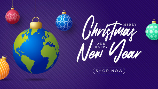 地球星球圣诞球卡圣诞快乐图片下载