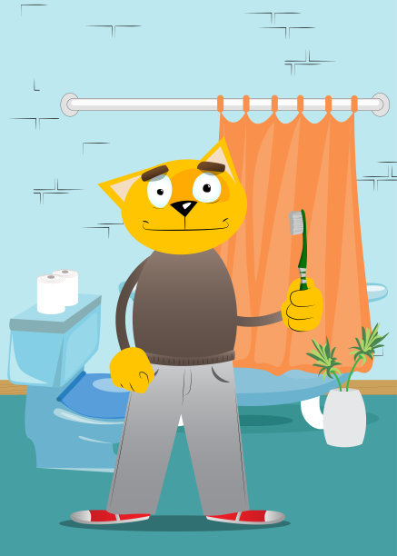 有趣的卡通猫拿着牙刷。图片下载