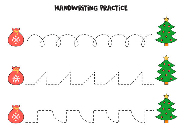 用圣诞树和袋子画线。写作练习。图片下载