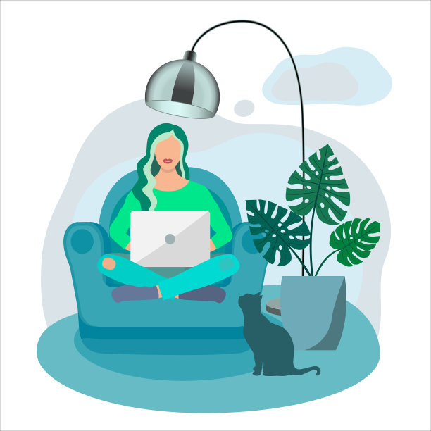 女孩坐在家里工作。远程工作,自由。新冠肺炎疫情期间的自我隔离。平面风格的矢量插图图片下载