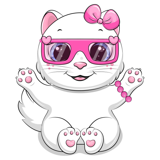 可爱的卡通白猫，粉红色的蝴蝶结，眼镜和手镯。图片下载