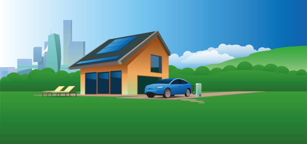 零排放的未来被动住宅，来自太阳能电池板的可再生能源，未来可持续住宅的插图，在家庭花园停车场充电的电动汽车图片下载