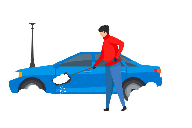 一名男子在车旁用铁铲铲雪图片下载