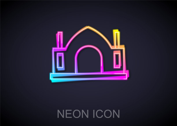 发光的霓虹灯线印度教寺庙图标孤立在黑色背景。向量图片下载