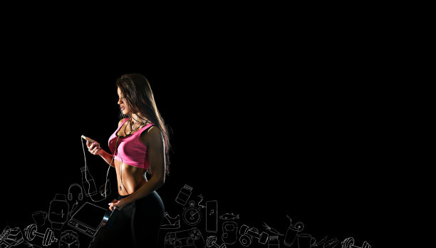 运动员的背景画的人物。黑色背景上象征健康生活方式的图画。健康的观念，运动，积极的情绪和良好的习惯。这个女人正在训练。图片下载