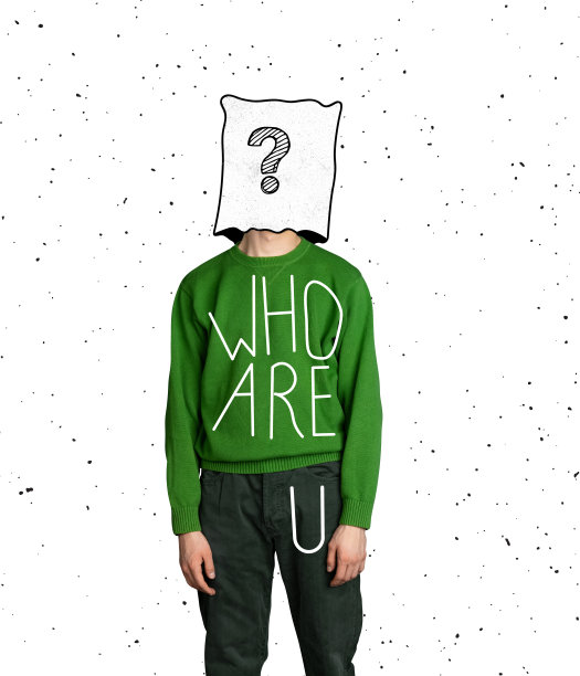 青年男子的当代艺术拼贴，头部纸包装，白色背景上孤立的问号图片下载