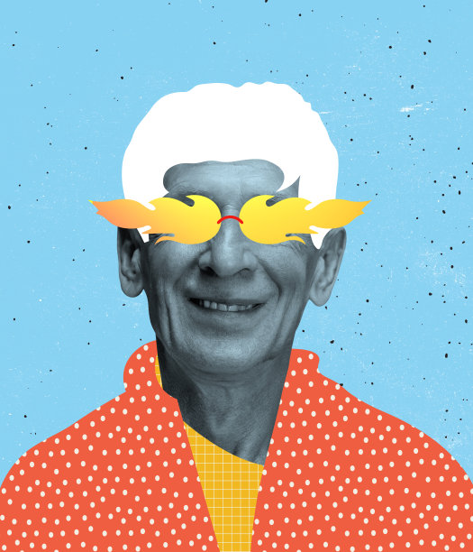 当代艺术拼贴画的高级男子在时尚的橙色眼镜和彩色布孤立在蓝色背景图片下载