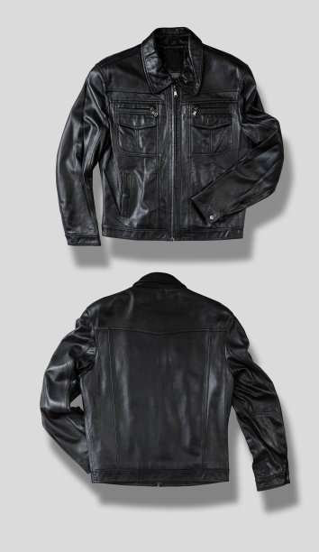 黑色皮夹克孤立在白色上。正面和背面的观点。准备剪切路径。垂直的构图。图片下载
