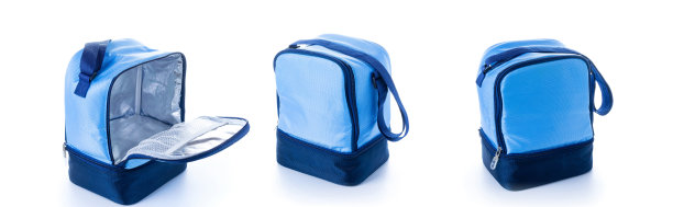 交付包集。蓝色露营冷藏箱收集，冷午餐食品隔离在白色背景。办公、学校、大学或旅行时使用。图片下载
