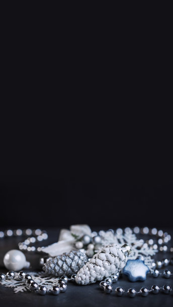 圣诞作文，银色的圆锥形和珠子。新年横向照片黑白。圣诞节的概念。圣诞树装饰在时尚的颜色图片下载