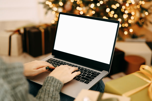 一位女士在笔记本电脑上工作，电脑上有空白显示屏，有模拟拷贝空间。用圣诞树和彩灯装饰家庭室内，以庆祝圣诞节。图片下载