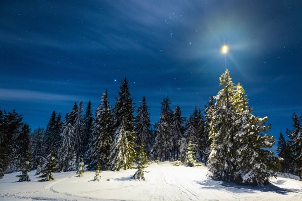 在一个美丽的山谷里，以夜空中的一颗星星为背景，新年的轨迹被白雪覆盖着图片下载