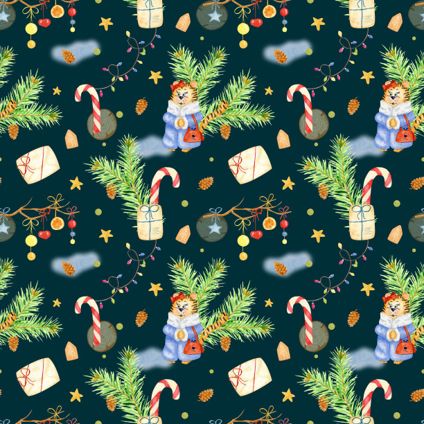 圣诞水彩无缝图案与老虎。圣诞花环图案。松枝和松果的无缝图案图片下载