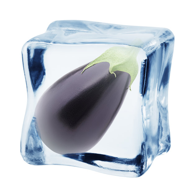茄子在冰立方，孤立在白色背景，剪切路径，全景深图片下载