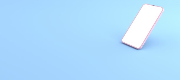 3D效果图粉色智能手机白色屏幕放在蓝色地板上，粉色手机躺在地上。智能手机白屏可用于商业广告，隔离在蓝色背景上图片下载